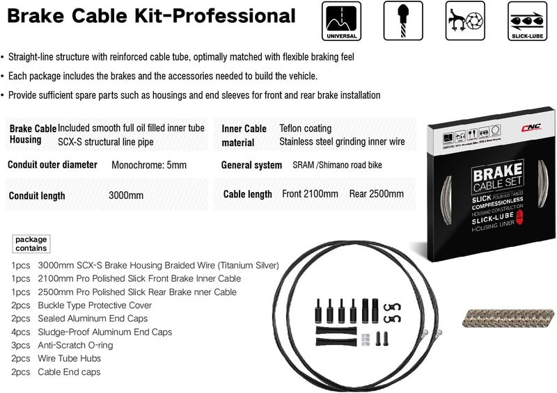 CNC Road Bike Brake Cable Kit,Universal Brake Cable Housing Coated Braided & Teflon Inner line For Bicycle Road Bike（Black/Gold/Silver/Titanium silver） - Image 2